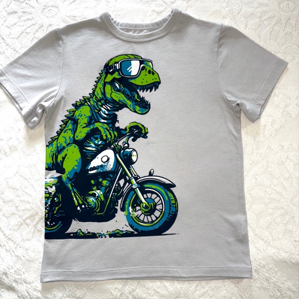 Place Gray T-Shirt with Green Dinosaur on Motorcycle